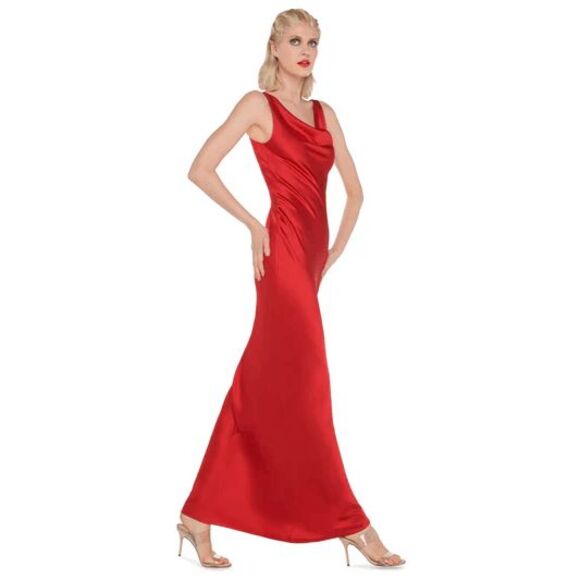Norma Kamali Maria Sleeveless Cowl Neck Satin Evening Gown Tiger Red XS $325 - Picture 2 of 14